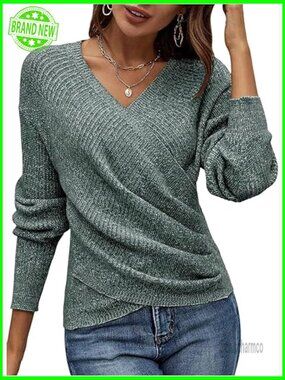 V-Neck Long Sleeve Off Shoulder Wrap Ruched Pullover Sweater
